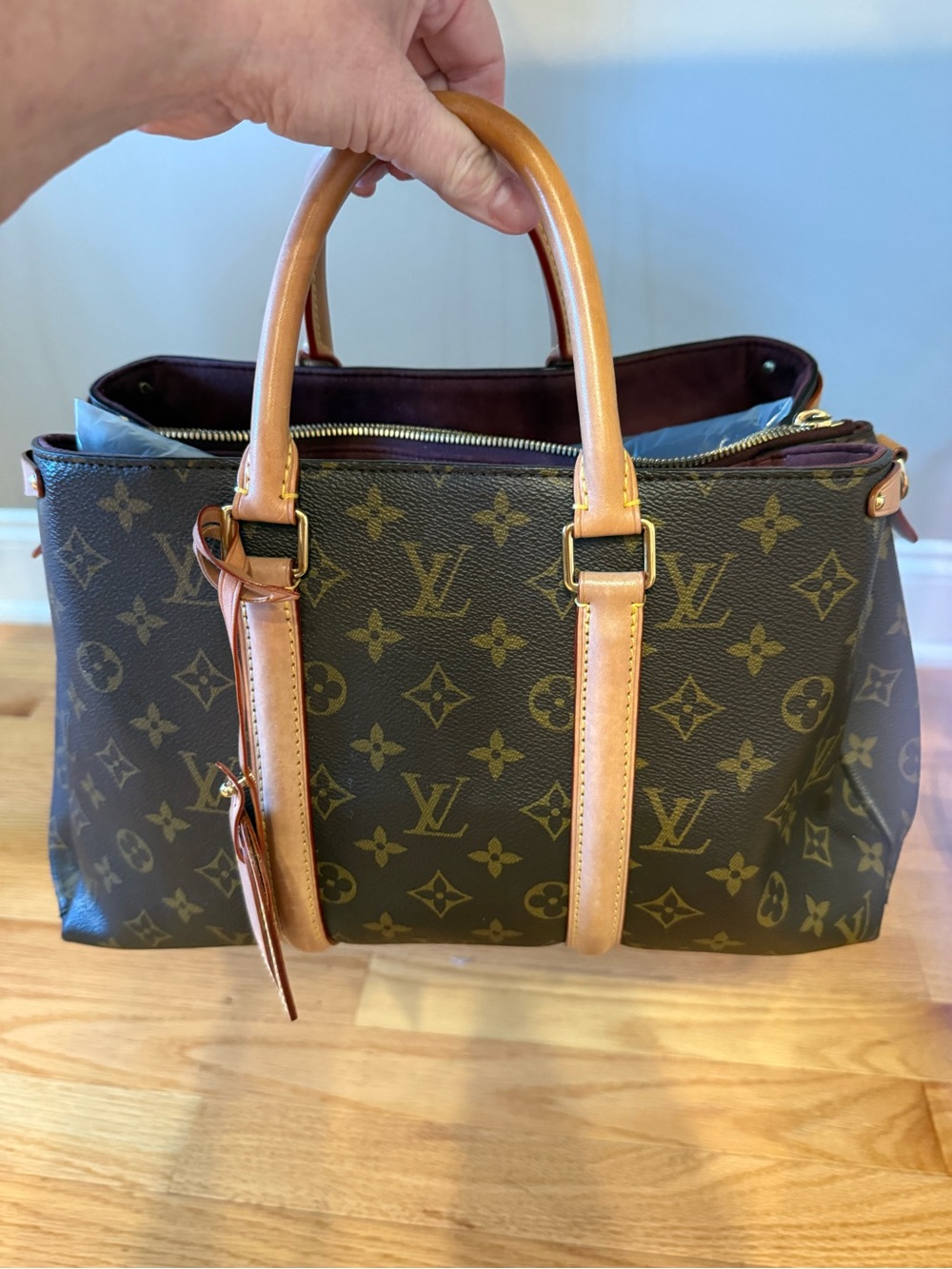 Louis Vuitton Brown Monogram Canvas Satchel with Tan Leather Handles